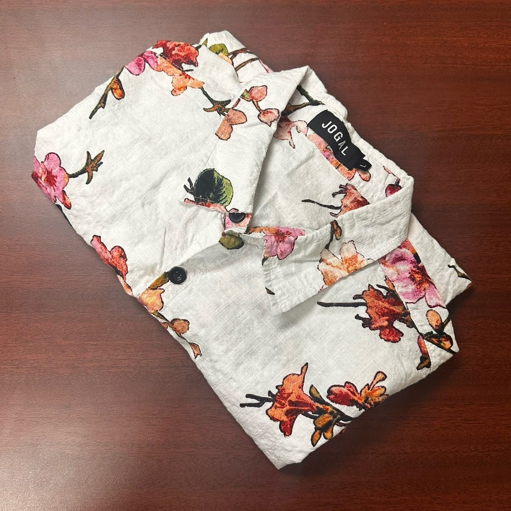 Jogal Hawaiian Hibiscus Button up Shirt Mens Size L Short Sleeve Summer Floral